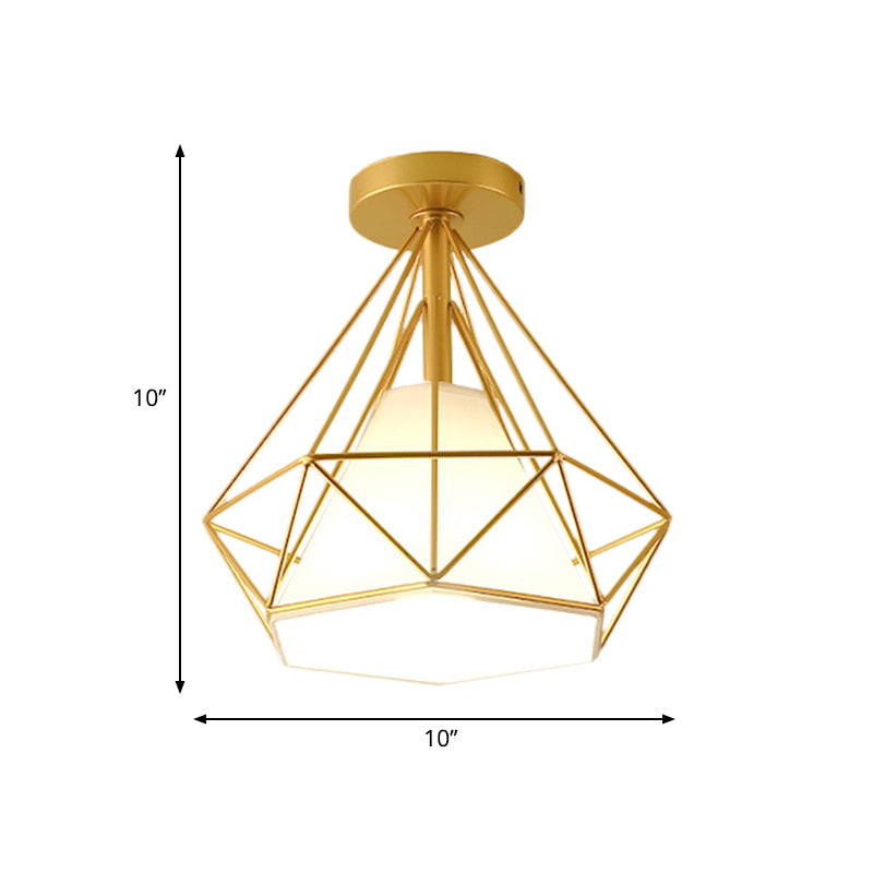 Gold Cage Diamond Semi Flush Hanglamp Vintage Industrieel Metaal 1 Licht Slaapkamer Plafondlamp