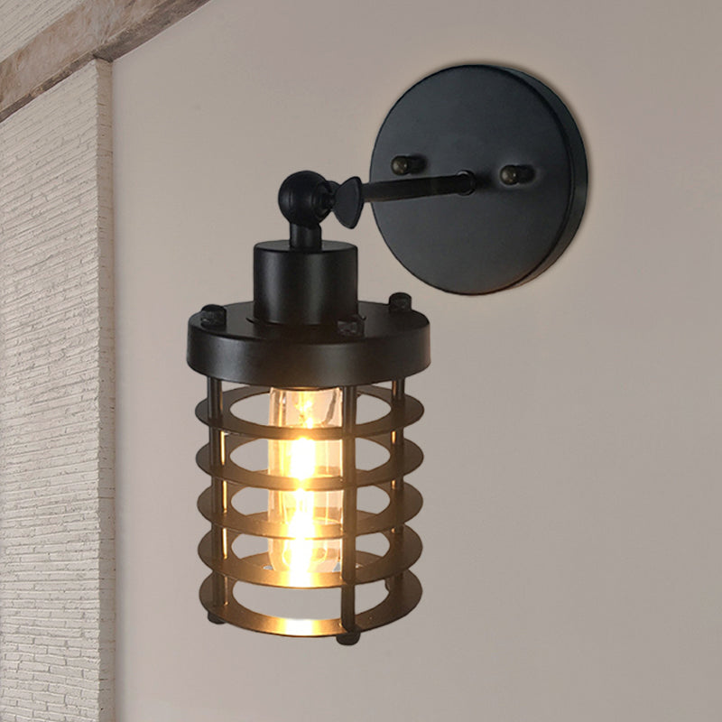 Retro Style Cylinder/Oval Caged Wall Mount Light 1 Head Metallic Mini Wall Lighting in Black for Bedside