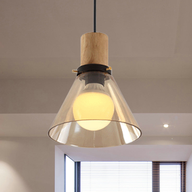 1 iluminación colgante de luz de cono moderno vaso de vidrio colgante de techo con tapa de madera