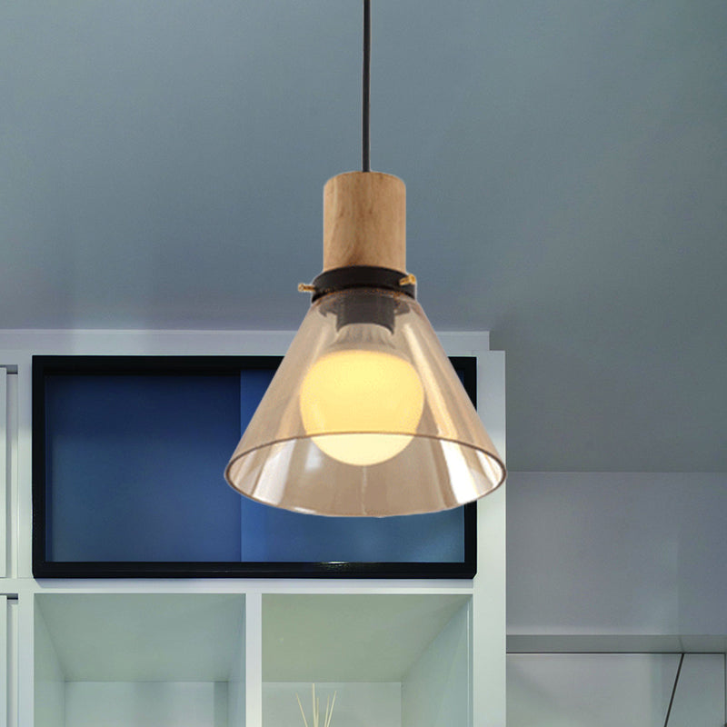 1 iluminación colgante de luz de cono moderno vaso de vidrio colgante de techo con tapa de madera