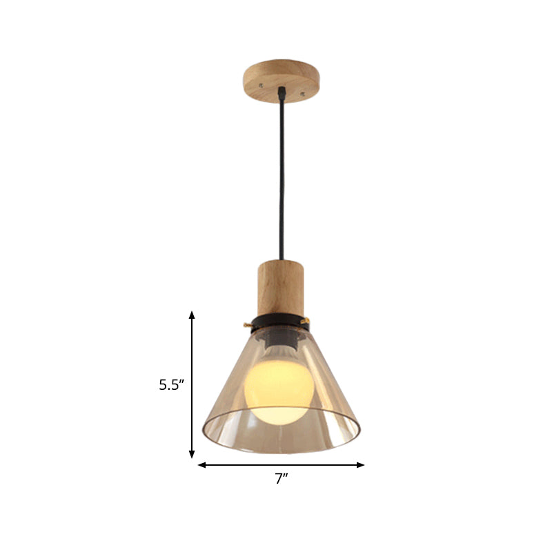 1 leichte Anhänger Beleuchtung moderner Kegelbernglas Hanging Deckenlicht mit Holzkappe