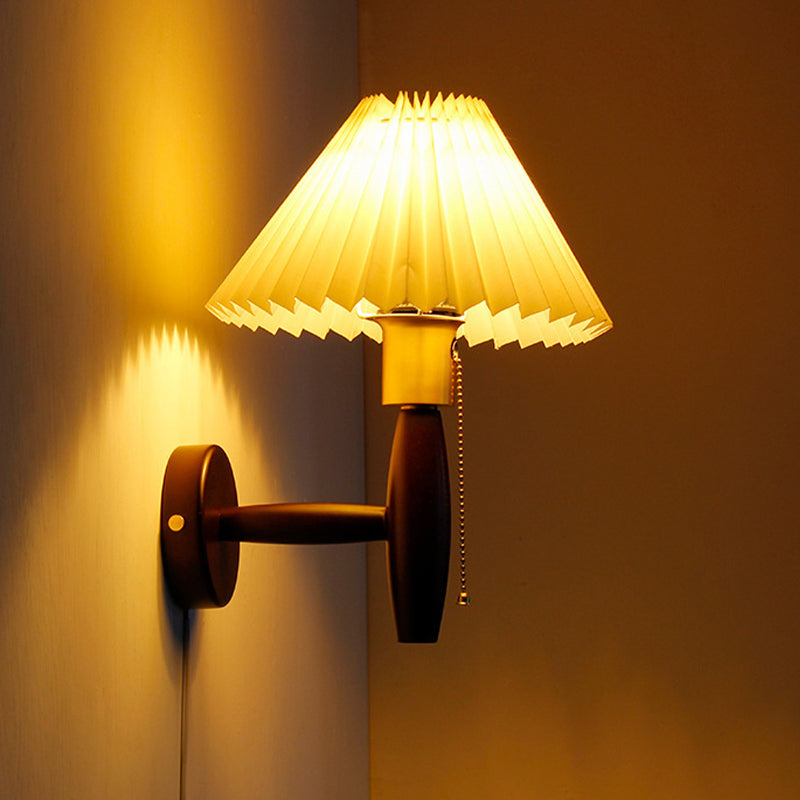 Contemporary Wooden Wall Light Fixture with Fabric Shade for Sitting Room