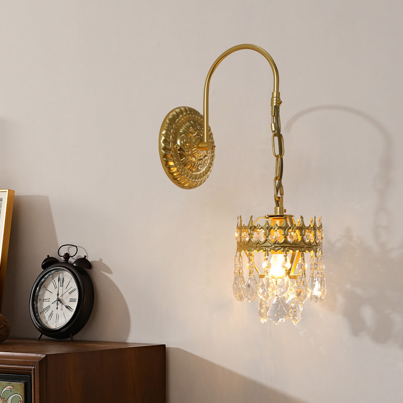 Postmodern Golden Wall Light Fixture with Crystal Shade for Sitting Room