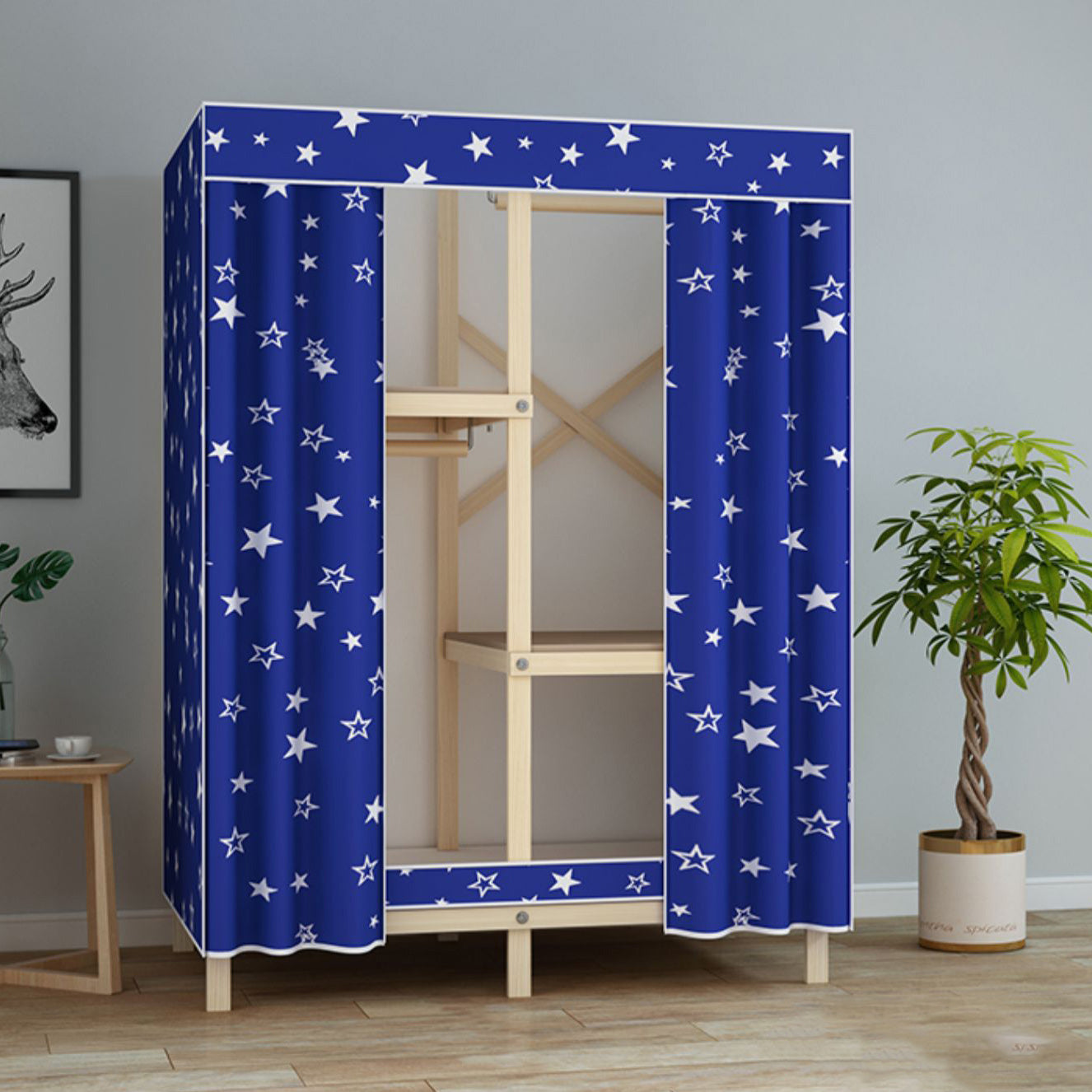 Solid Pine Wood Frame Wardrobe Armoire Contemporary Multifunctional Wardrobe