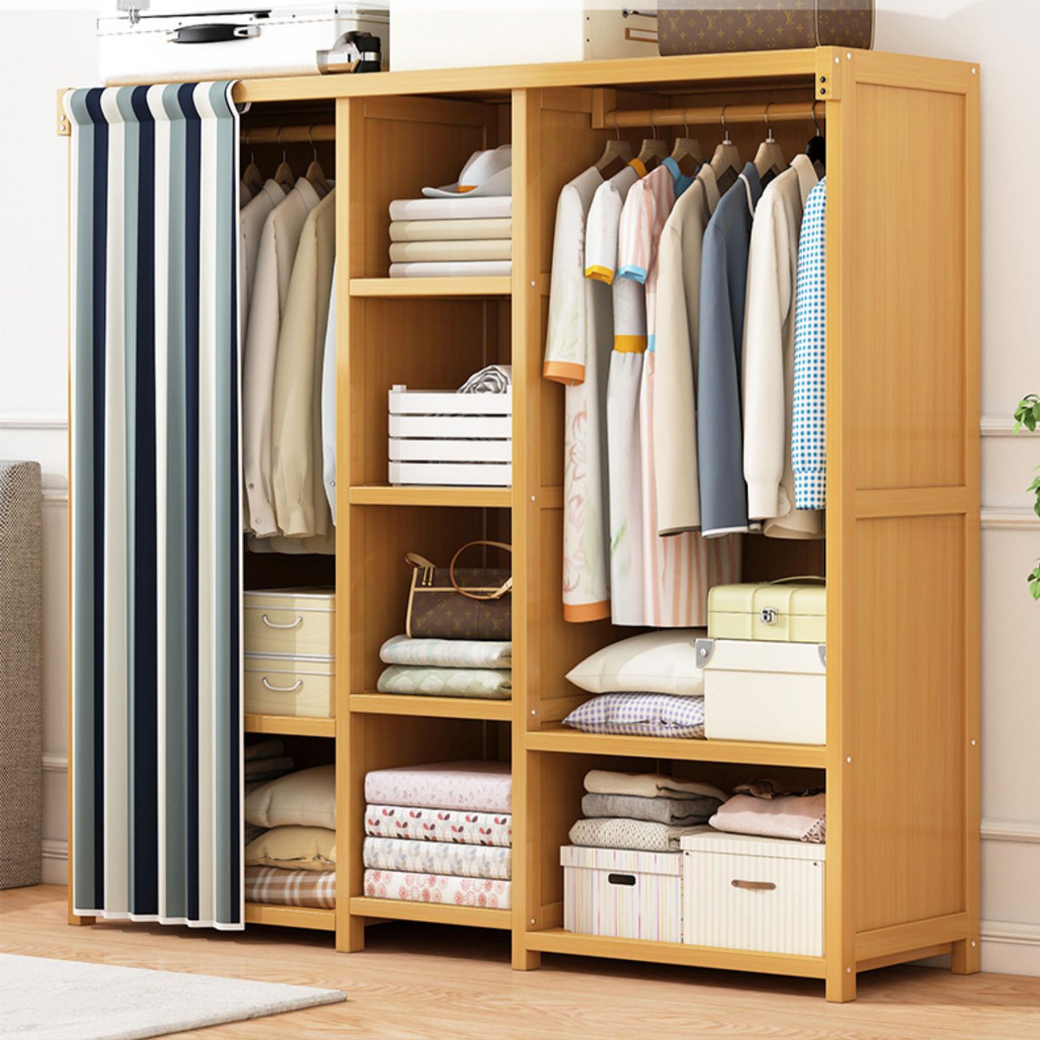 Engineered Wood Armoire Modern Natural Finish Wardrobe Closet with Garment Rod