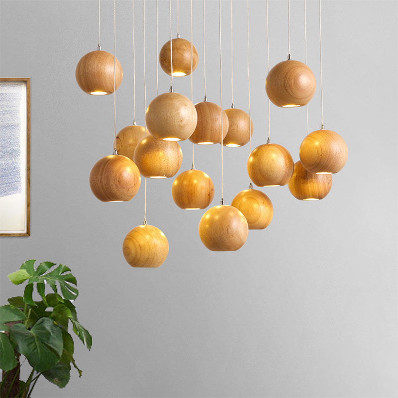 Ball LED Cluster Pendant Light Modern Wooden 1/7/10/16-Head Living Room Ceiling Light Fixture Kit