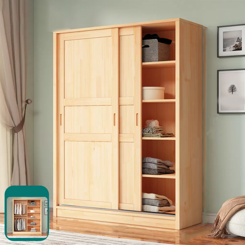 Natural Pine Solid Wood Wardrobe Freestanding Wardrobe with Sliding Doors