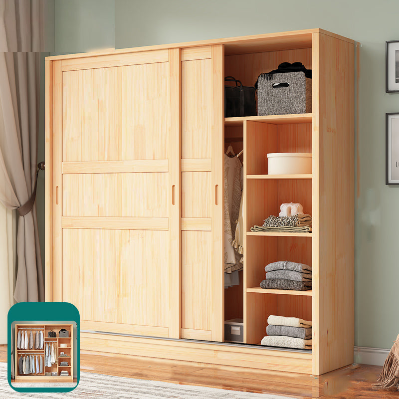 Natural Pine Solid Wood Wardrobe Freestanding Wardrobe with Sliding Doors