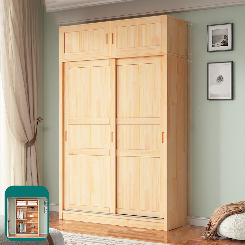 Natural Pine Solid Wood Wardrobe Freestanding Wardrobe with Sliding Doors