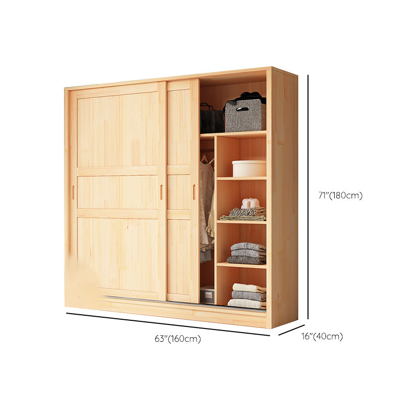 Natural Pine Solid Wood Wardrobe Freestanding Wardrobe with Sliding Doors