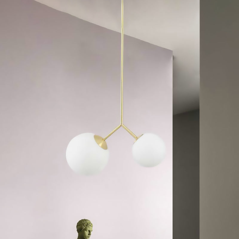2 Lights Pendant Ceiling Light Nordic Gold Hanging Ceiling Light with Globe White Glass Shade