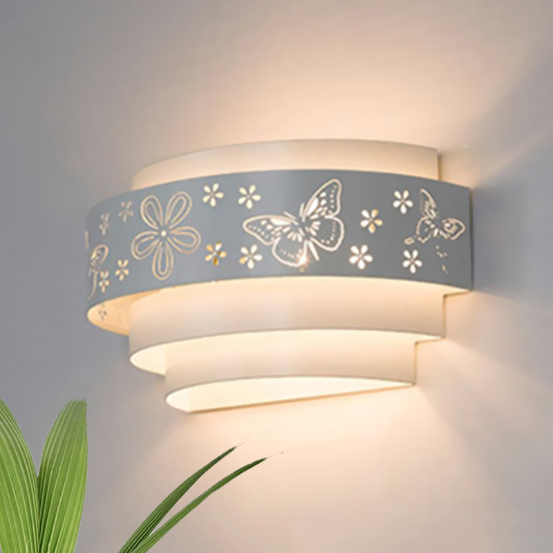 Tiered Wall Sconce Lamp Modern Metal 1 Bulb White Wall Mounted Light with Etched Pattern for Living Room