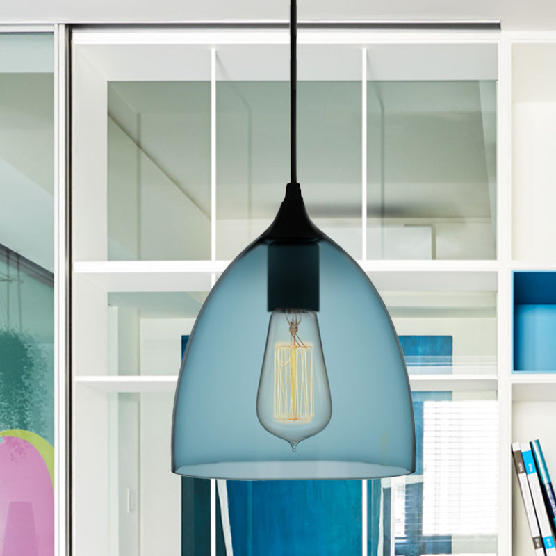 Contemporary 1 Light Pendant Lamp with Blue Glass Shade Black Global/Dome/Barrel Shape Ceiling Pendant Light