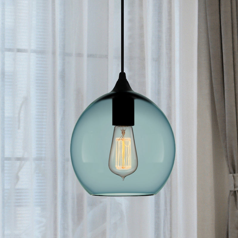 Contemporary 1 Light Pendant Lamp with Blue Glass Shade Black Global/Dome/Barrel Shape Ceiling Pendant Light