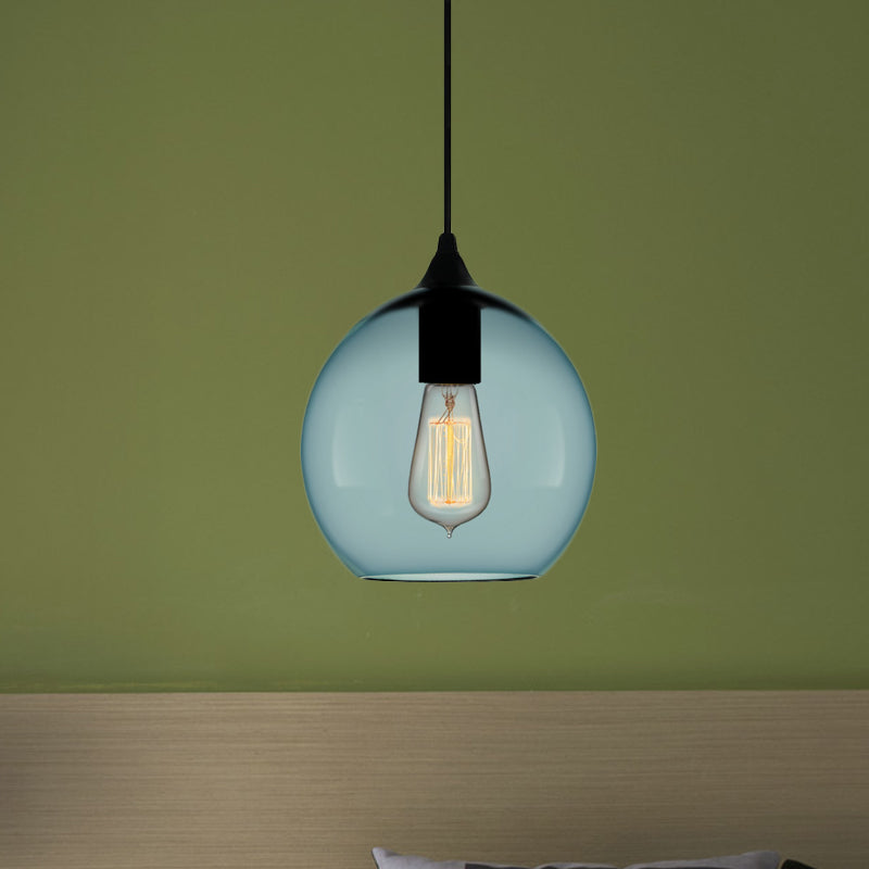 Contemporary 1 Light Pendant Lamp with Blue Glass Shade Black Global/Dome/Barrel Shape Ceiling Pendant Light