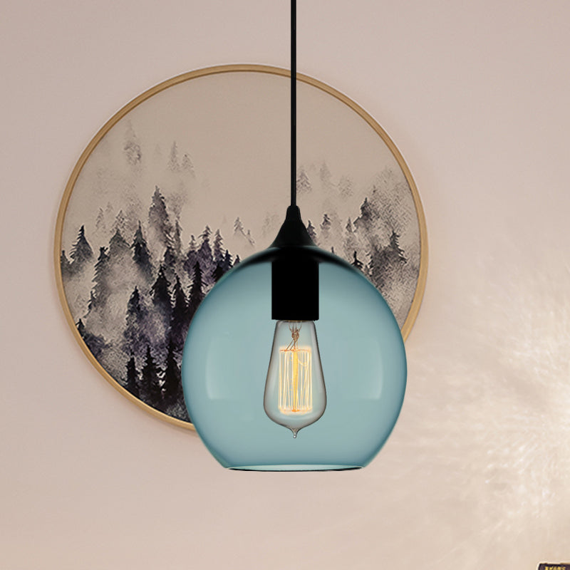 Contemporary 1 Light Pendant Lamp with Blue Glass Shade Black Global/Dome/Barrel Shape Ceiling Pendant Light