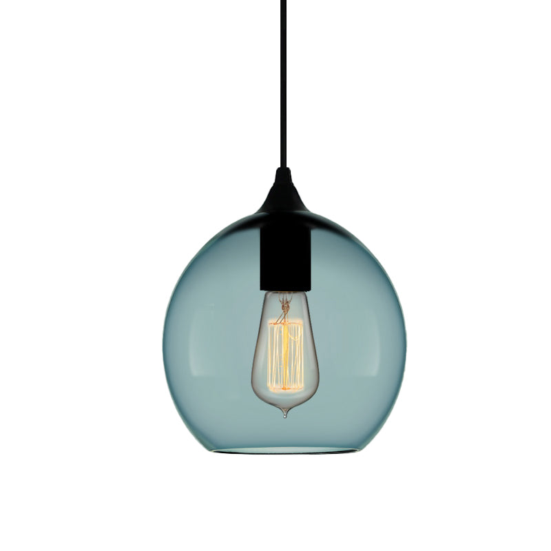 Contemporary 1 Light Pendant Lamp with Blue Glass Shade Black Global/Dome/Barrel Shape Ceiling Pendant Light