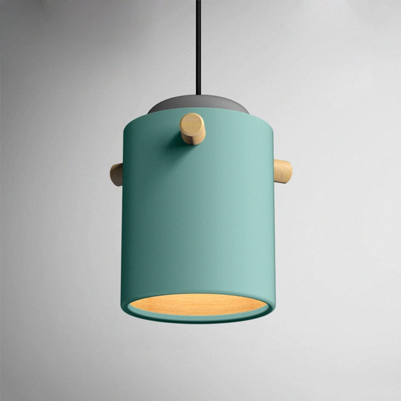 Contemporáneo 1 iluminación colgante de luz con sombra de metal verde/rosa/blanca cilindro lámpara colgante