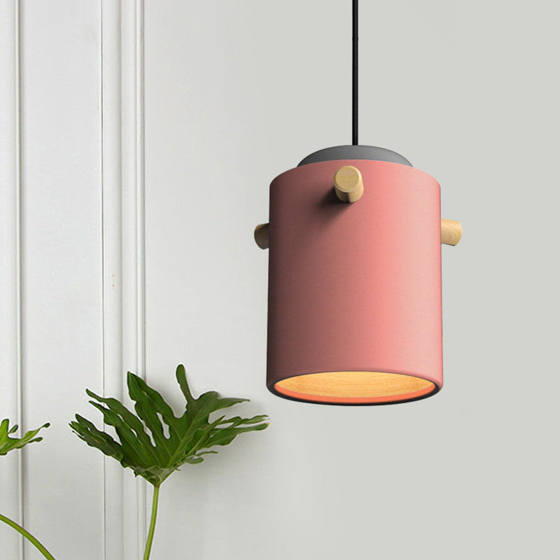 Contemporáneo 1 iluminación colgante de luz con sombra de metal verde/rosa/blanca cilindro lámpara colgante
