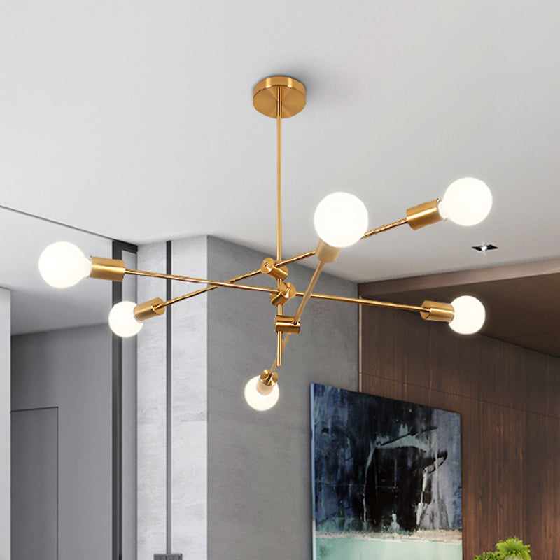 Zeitgenössische Sputnik Kronleuchter Beleuchtung Metallic 6 Lichter Wohnzimmer Anhängerlampe mit freiliegender Glühbirne in Schwarz/Gold