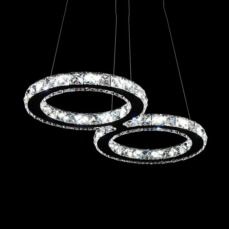 Double Ring Crystal Hanging Pendant Light Modern 2 Heads Silver LED Chandelier Lamp in Warm/White Light for Dining Room