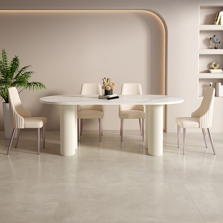 Modern Linen White Finish Oval Stone Top Dining Table with Double Pedestal Base