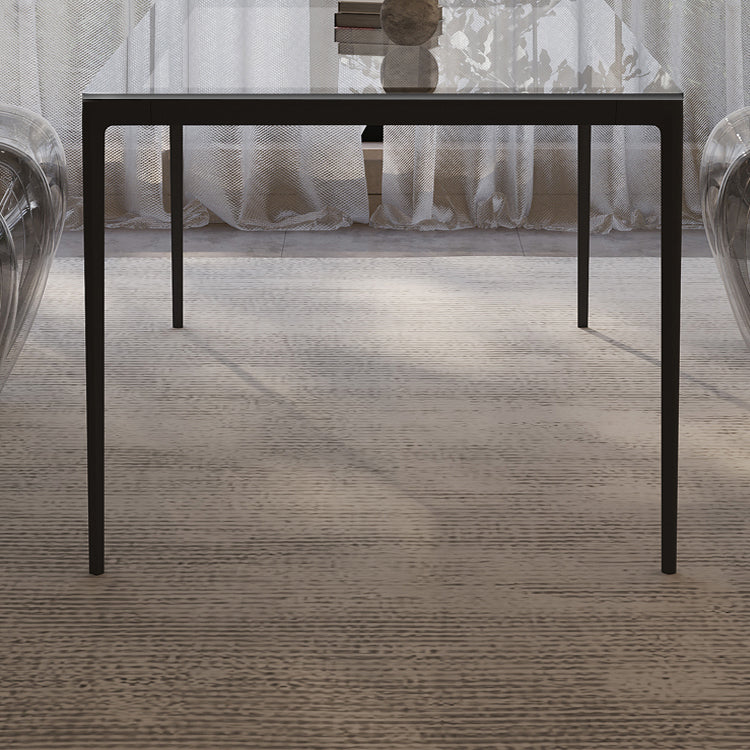Rectangular Dining Table Glass Tabletop with Black Aluminum Legs