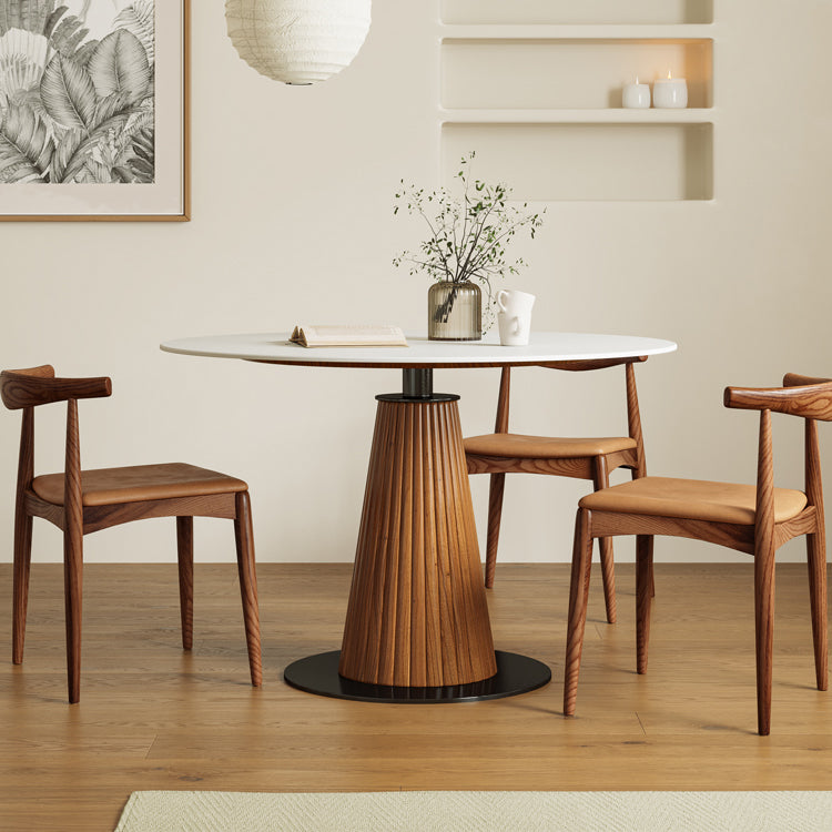 Modern Round Dining Room Table with Solid Wood Cone Base for Living Room