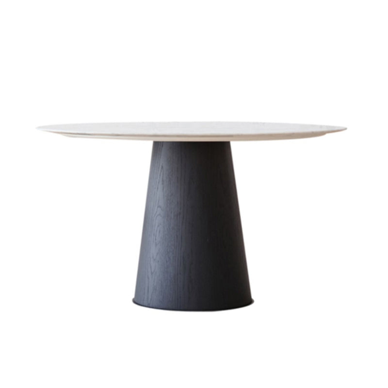 Modern Round Dining Table White Stone Tabletop with Wood Pedestal Base