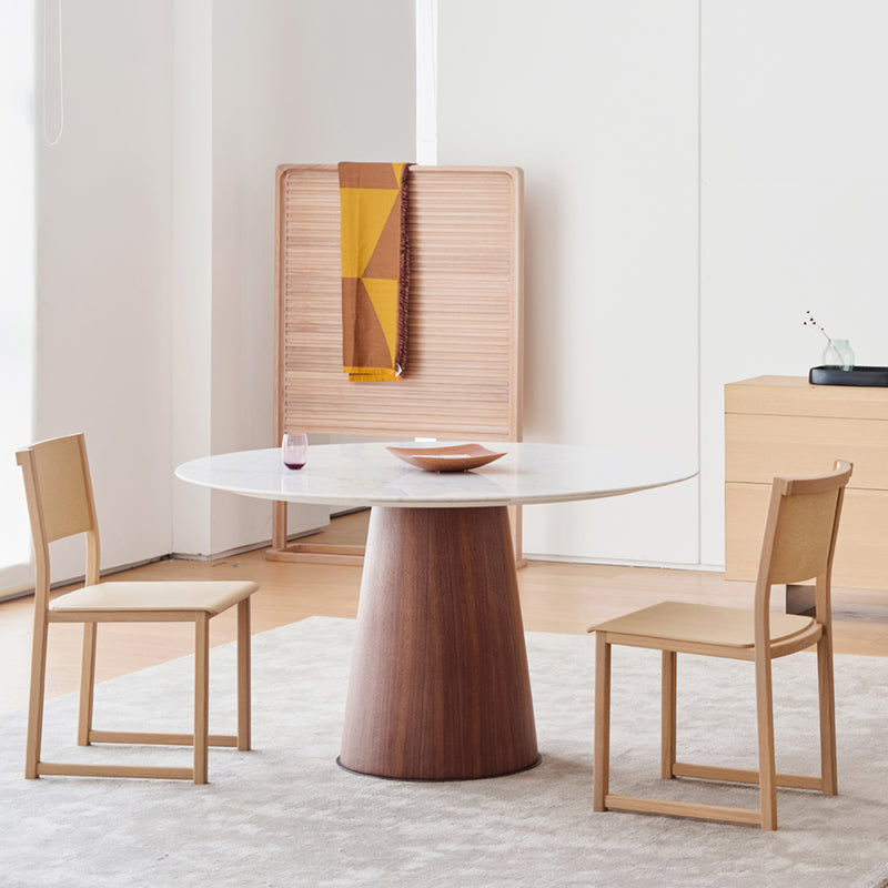 Modern Round Dining Table White Stone Tabletop with Wood Pedestal Base