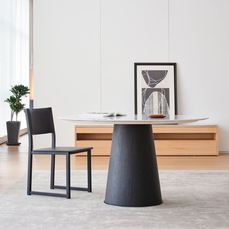 Modern Round Dining Table White Stone Tabletop with Wood Pedestal Base