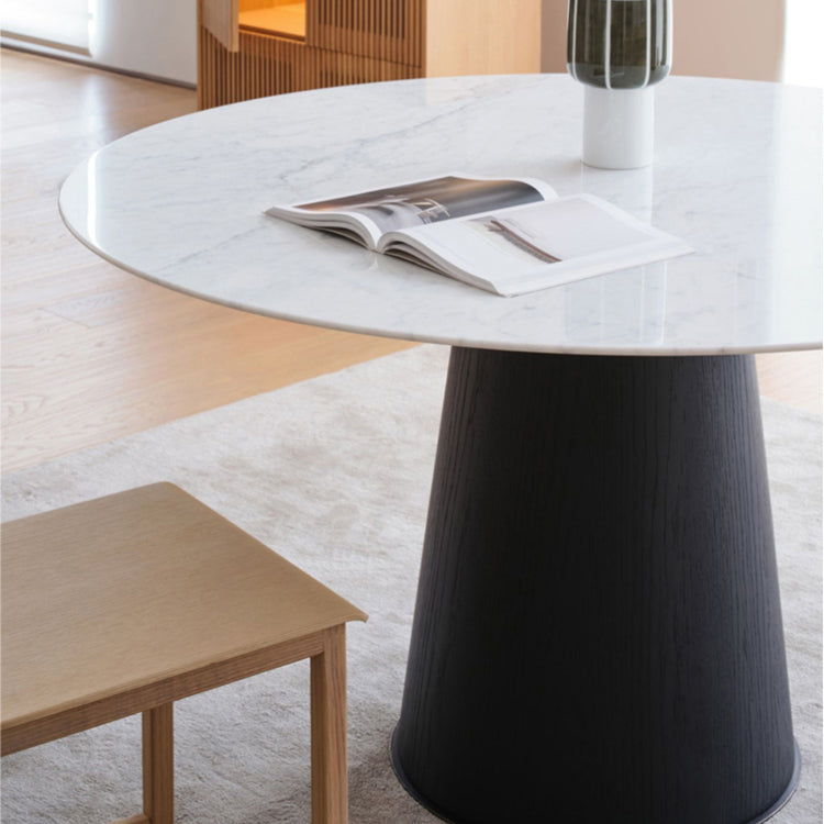 Modern Round Dining Table White Stone Tabletop with Wood Pedestal Base