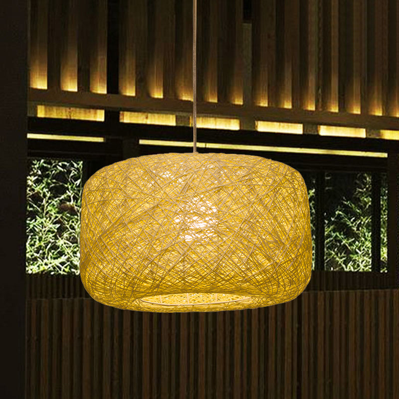 8 "/12" Dia Drum Hanging Leuchte Moderne Stil gewebter Rattan Rattan 1 Kopf Esszimmer Anhängerlampe in Schwarz/Weiß