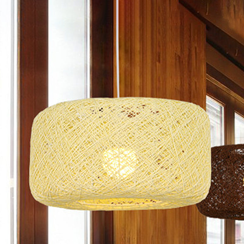 8 "/12" Dia Drum Hanging Leuchte Moderne Stil gewebter Rattan Rattan 1 Kopf Esszimmer Anhängerlampe in Schwarz/Weiß