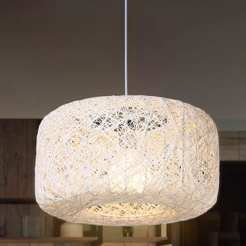 8 "/12" Dia Drum Hanging Leuchte Moderne Stil gewebter Rattan Rattan 1 Kopf Esszimmer Anhängerlampe in Schwarz/Weiß