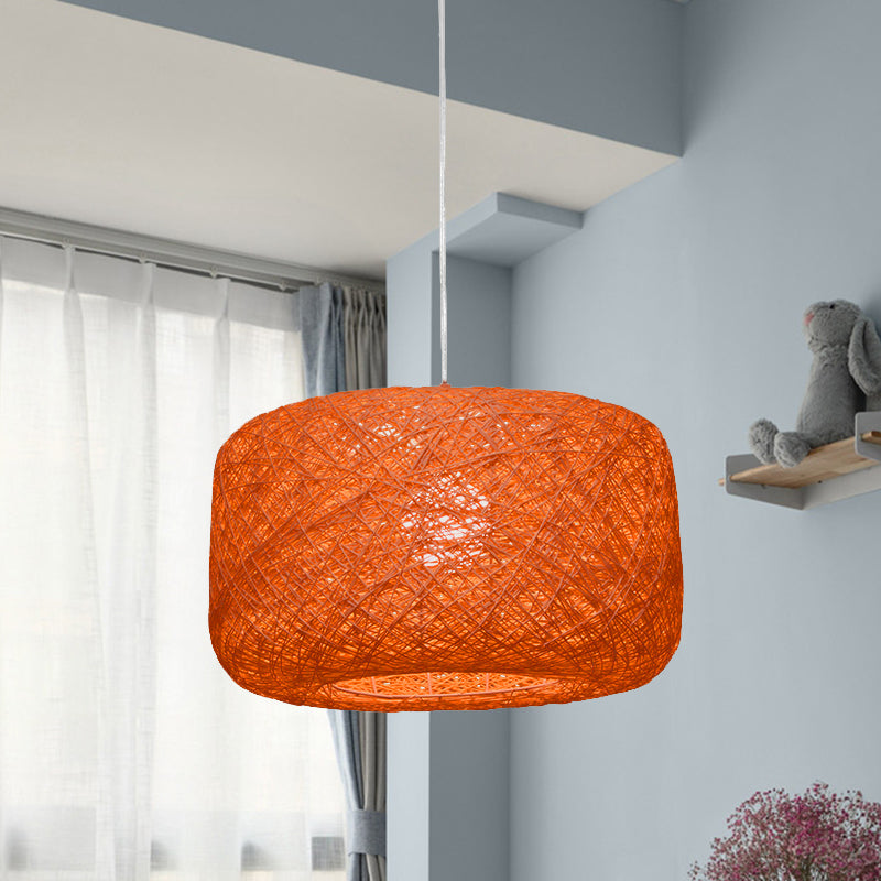 8 "/12" Dia Drum Hanging Leuchte Moderne Stil gewebter Rattan Rattan 1 Kopf Esszimmer Anhängerlampe in Schwarz/Weiß