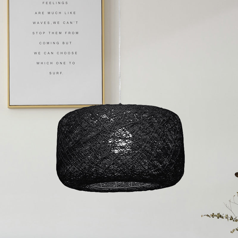 8 "/12" Dia Drum Hanging Leuchte Moderne Stil gewebter Rattan Rattan 1 Kopf Esszimmer Anhängerlampe in Schwarz/Weiß