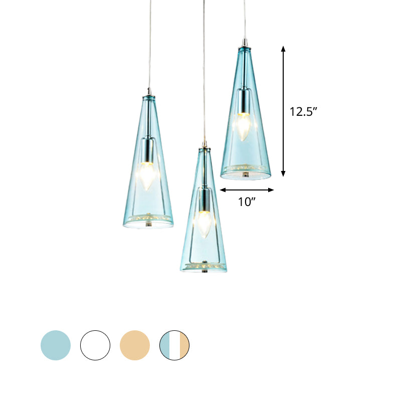 Modern Cone Pendant Lamp Blue/Amber/Clear Glass 3 Lights Hanging Ceiling Light in Chrome with Round/Linear Canopy