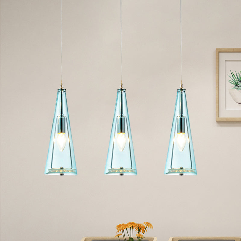 Modern Cone Pendant Lamp Blue/Amber/Clear Glass 3 Lights Hanging Ceiling Light in Chrome with Round/Linear Canopy