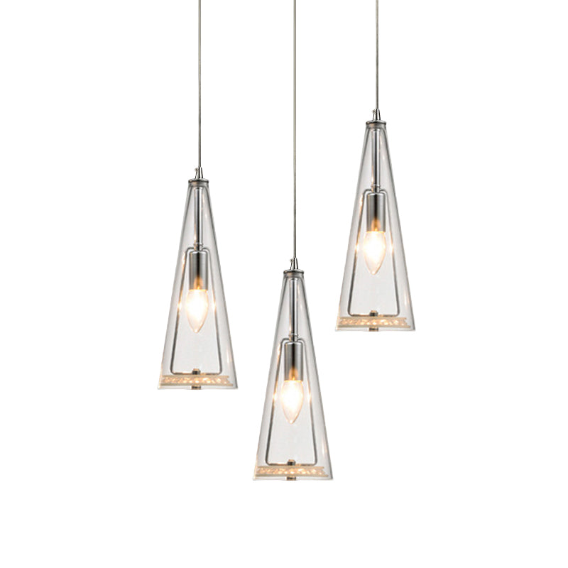 Modern Cone Pendant Lamp Blue/Amber/Clear Glass 3 Lights Hanging Ceiling Light in Chrome with Round/Linear Canopy