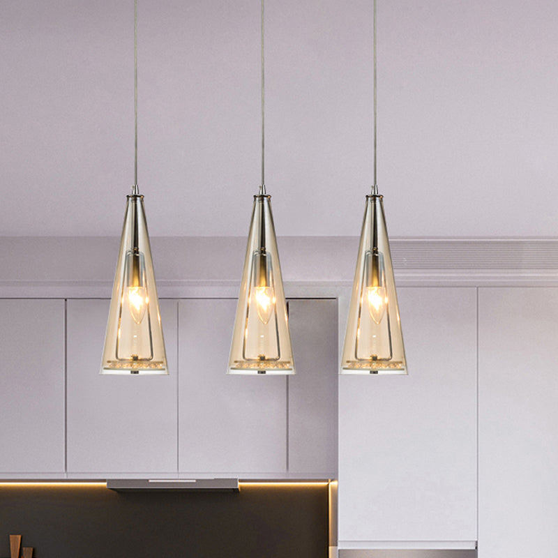 Modern Cone Pendant Lamp Blue/Amber/Clear Glass 3 Lights Hanging Ceiling Light in Chrome with Round/Linear Canopy