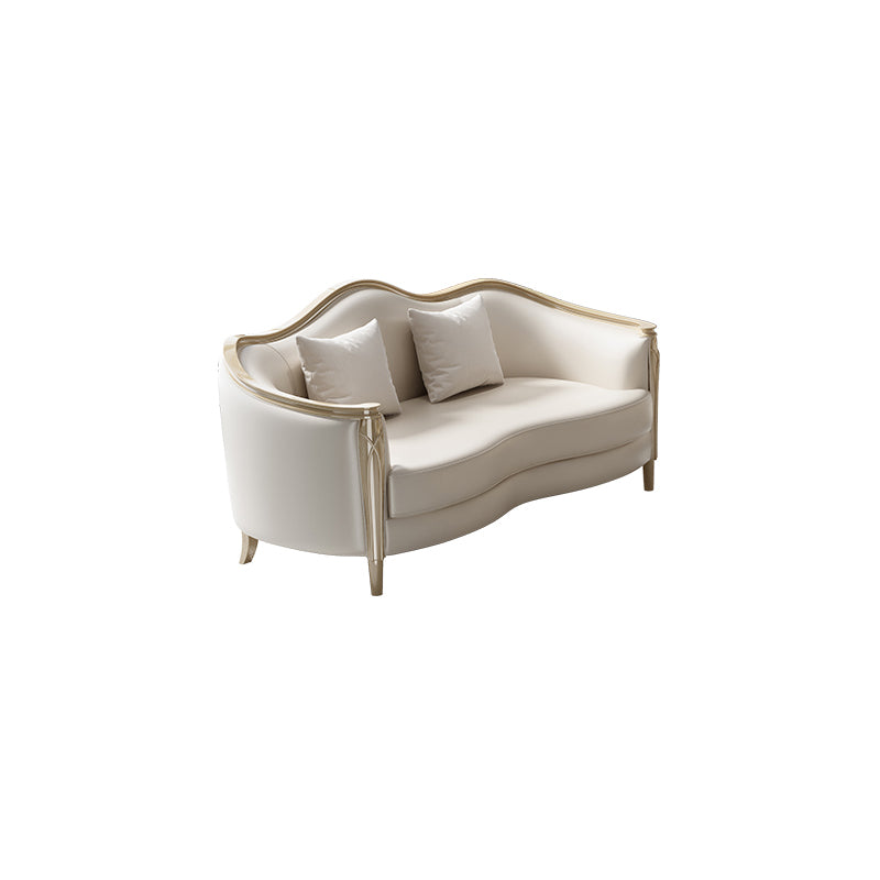 Glam Solid Wood White Genuine Leather Sofa with Pillows for Living Room
