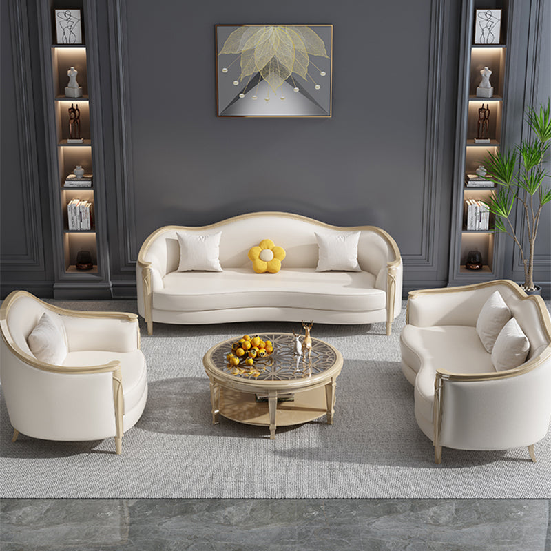 Glam Solid Wood White Genuine Leather Sofa with Pillows for Living Room