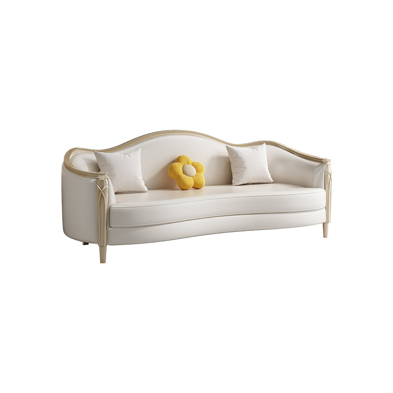 Glam Solid Wood White Genuine Leather Sofa with Pillows for Living Room