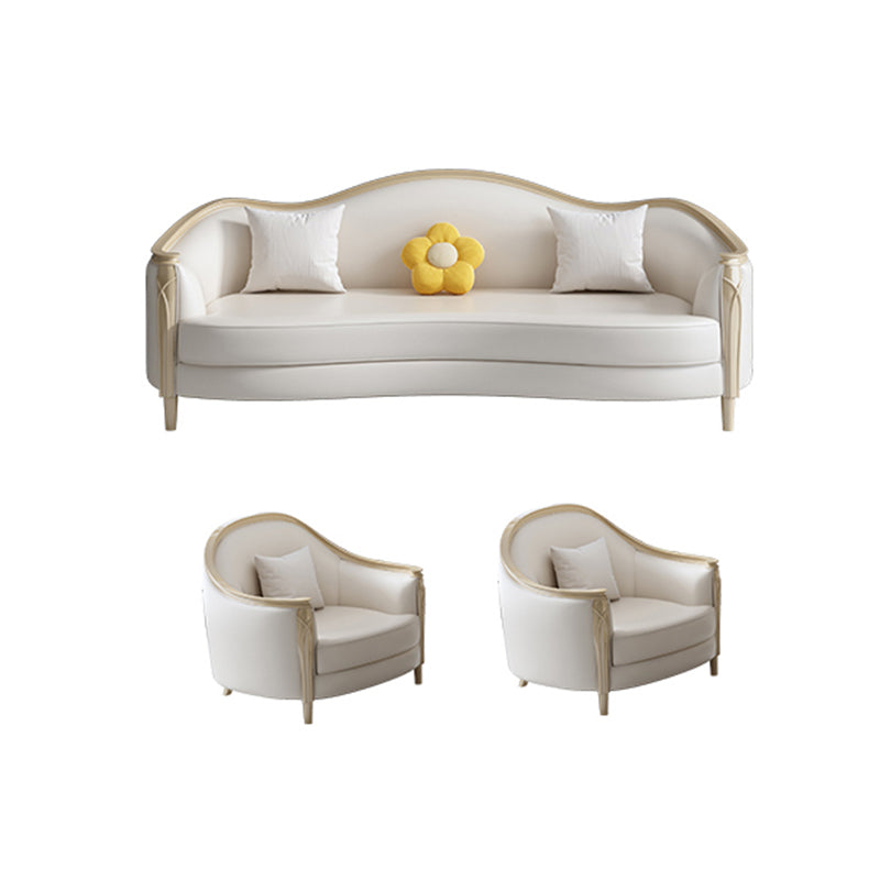 Glam Solid Wood White Genuine Leather Sofa with Pillows for Living Room