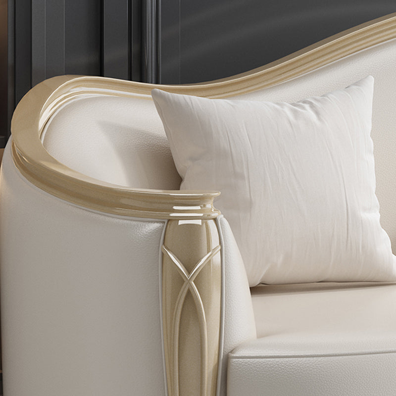 Glam Solid Wood White Genuine Leather Sofa with Pillows for Living Room