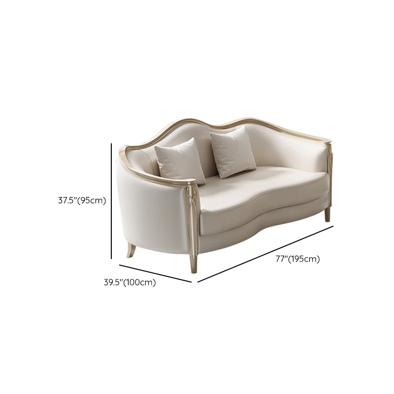 Glam Solid Wood White Genuine Leather Sofa with Pillows for Living Room