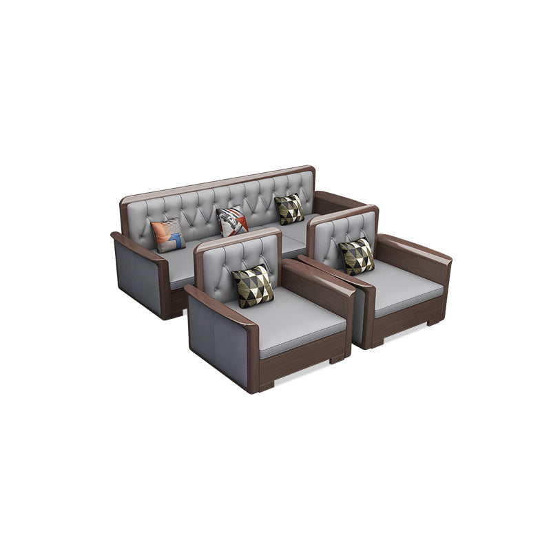 Modern Solid Wood Faux Leather Square Arm Sofa with Tufted Back