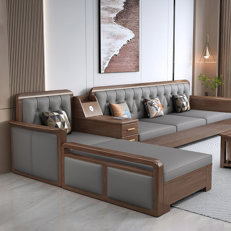 Modern Solid Wood Faux Leather Square Arm Sofa with Tufted Back