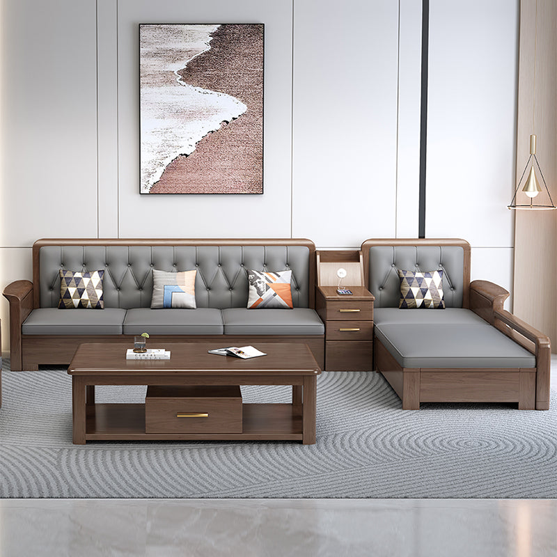 Modern Solid Wood Faux Leather Square Arm Sofa with Tufted Back